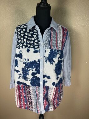 Alison Daley Petite 16 Patchwork Floral Button-Up Blouse Blue Red